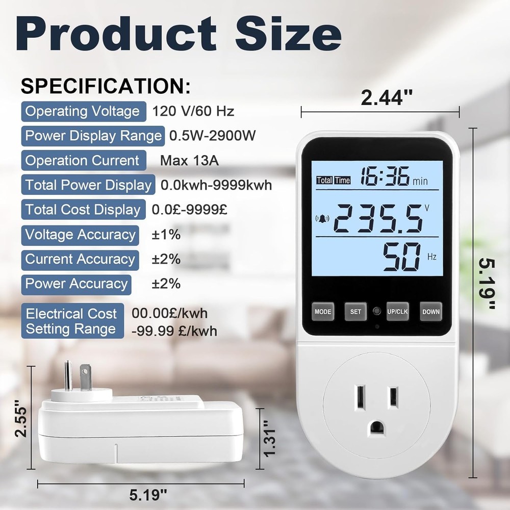 2 Pack Upgraded Watt Meter, Power Meter Plug Electricity Usage 2 Pack, White