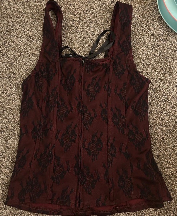 Social Collision Womens Sz Large Lace Up Back Zip Corset Top Burgundy And Black