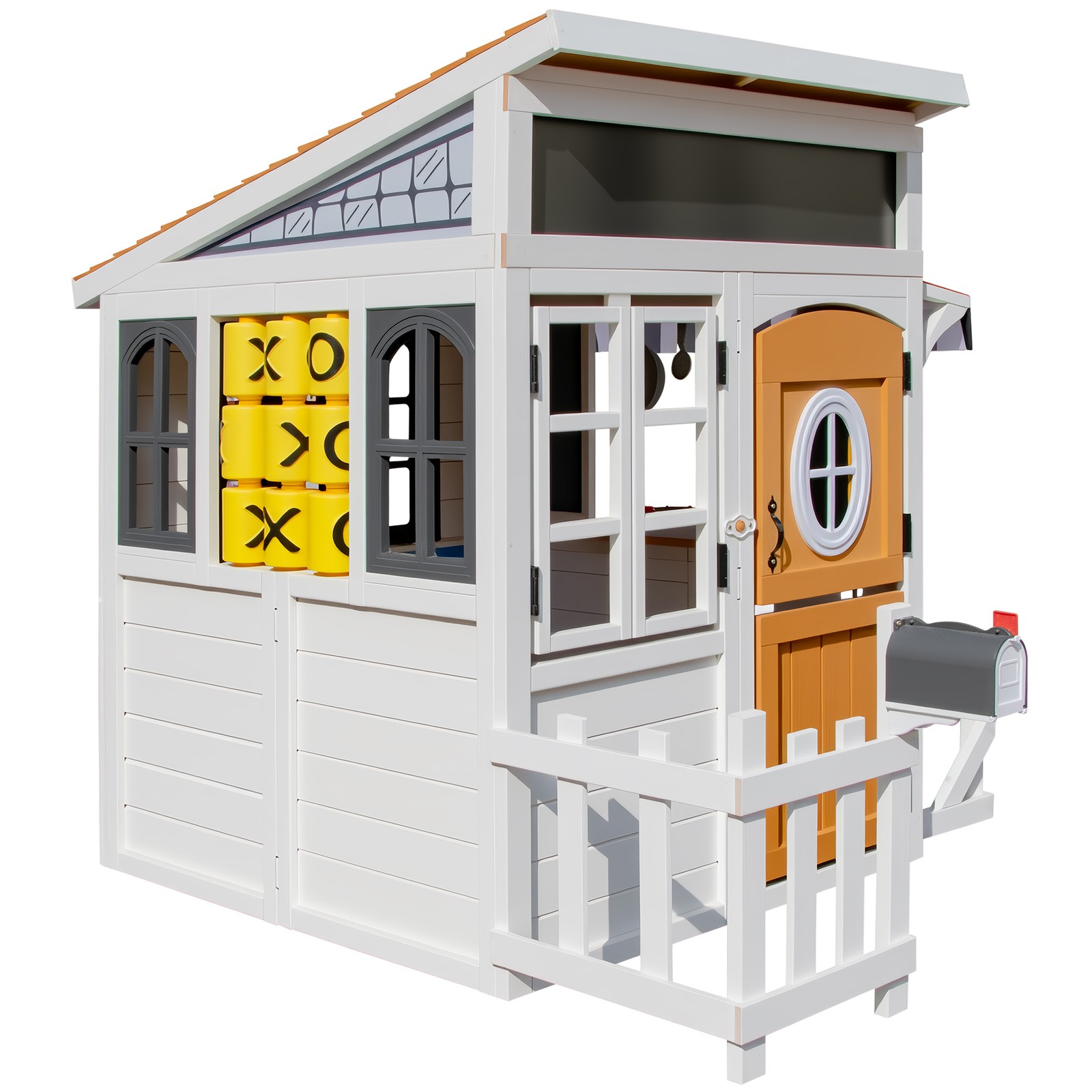 Wooden Kids Playhouse Cottage Play Kitchen,Bench,Mailbox,Tic-Tac-Toe,Chalkboards