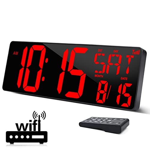 Large Digital Wall Clock WiFi Sync, 16.5 in Large Display Wall Red WIFI Clock