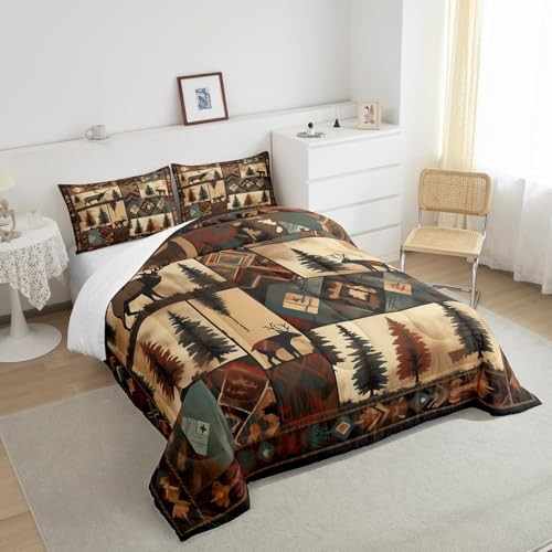 Deer Bedding Set Size Wild Animal Comforter Set for Kids Boys Queen Drak Brown