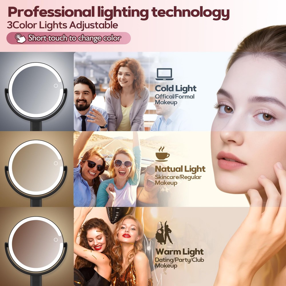 Makeup Mirror Lights 30X Magnifying Height Adjustable 3 Light Modes Dimming Blk