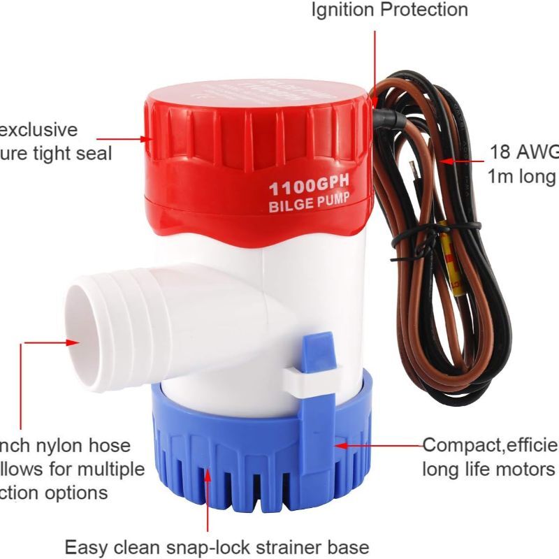 1100GPH 12V Electric Marine Submersible Bilge Sump Water Pump Boat 1-1/8" Hose