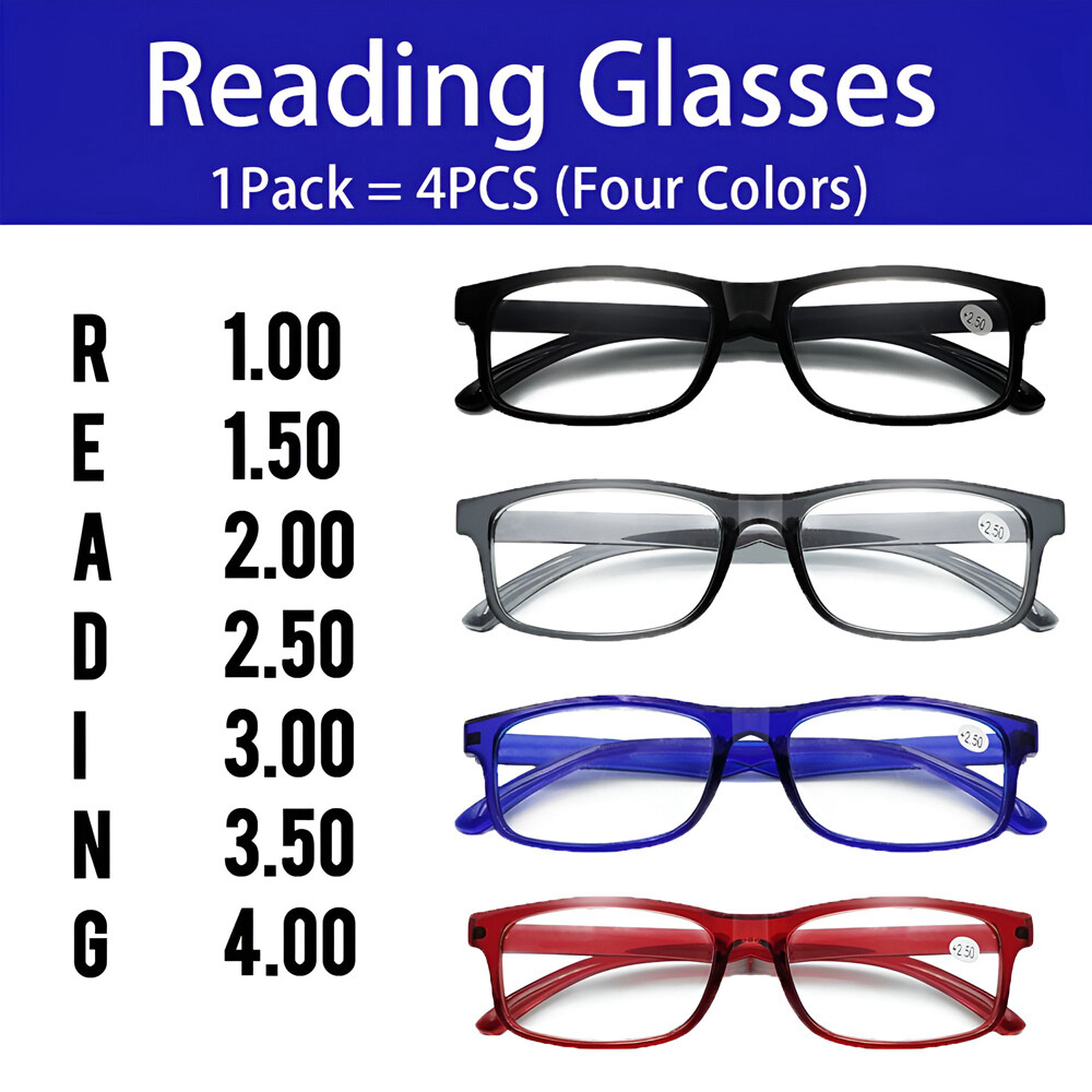 4 PK Mens Rectangular Blue Light Blocking Reading Glasses Spring Hinge Readers