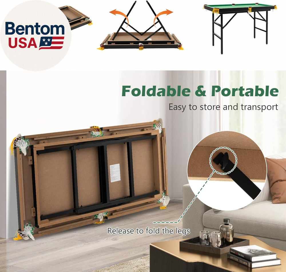 48" Pool Table, Foldable Billiards Table with 2 Cue Sticks, 16 Balls, Triangle,