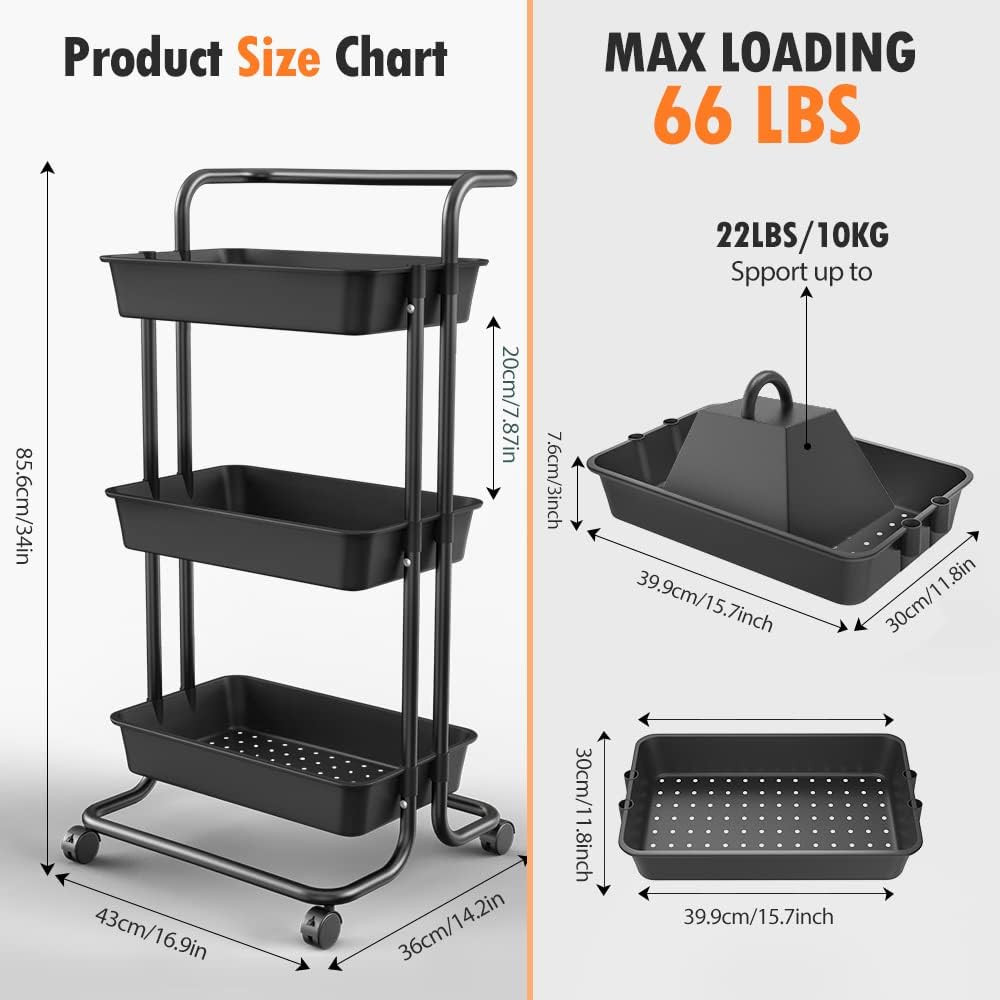 3-Tier Rolling Utility Cart with Wheels, Multi-Function Storage Cart with Lockab
