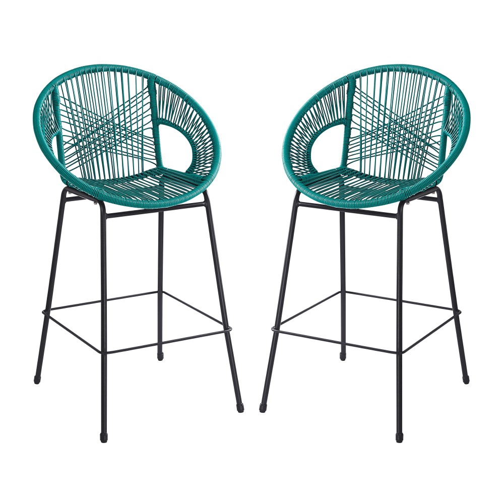 2 Teal & Black Patio Bar Stool Set, Faux Rattan Wicker, UV Resistant