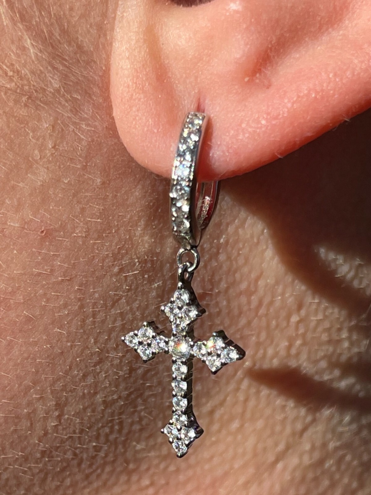 Real 925 Sterling Silver Men's Ladies Dangle Cross Studs Earrings Iced Hip Hop