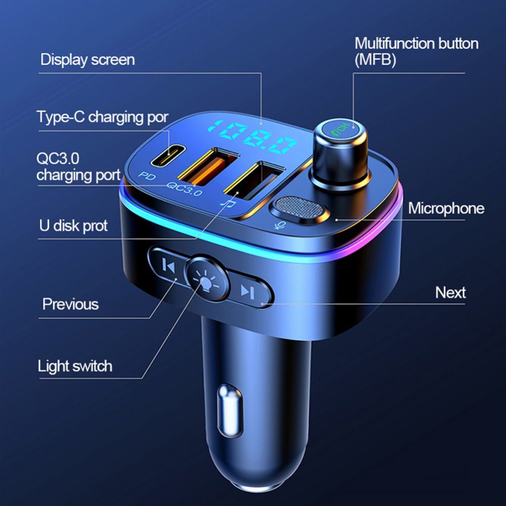 Bluetooth 5.0 Car Wireless FM Transmitter Adapter Handsfree QC3.0 USB PD Charger