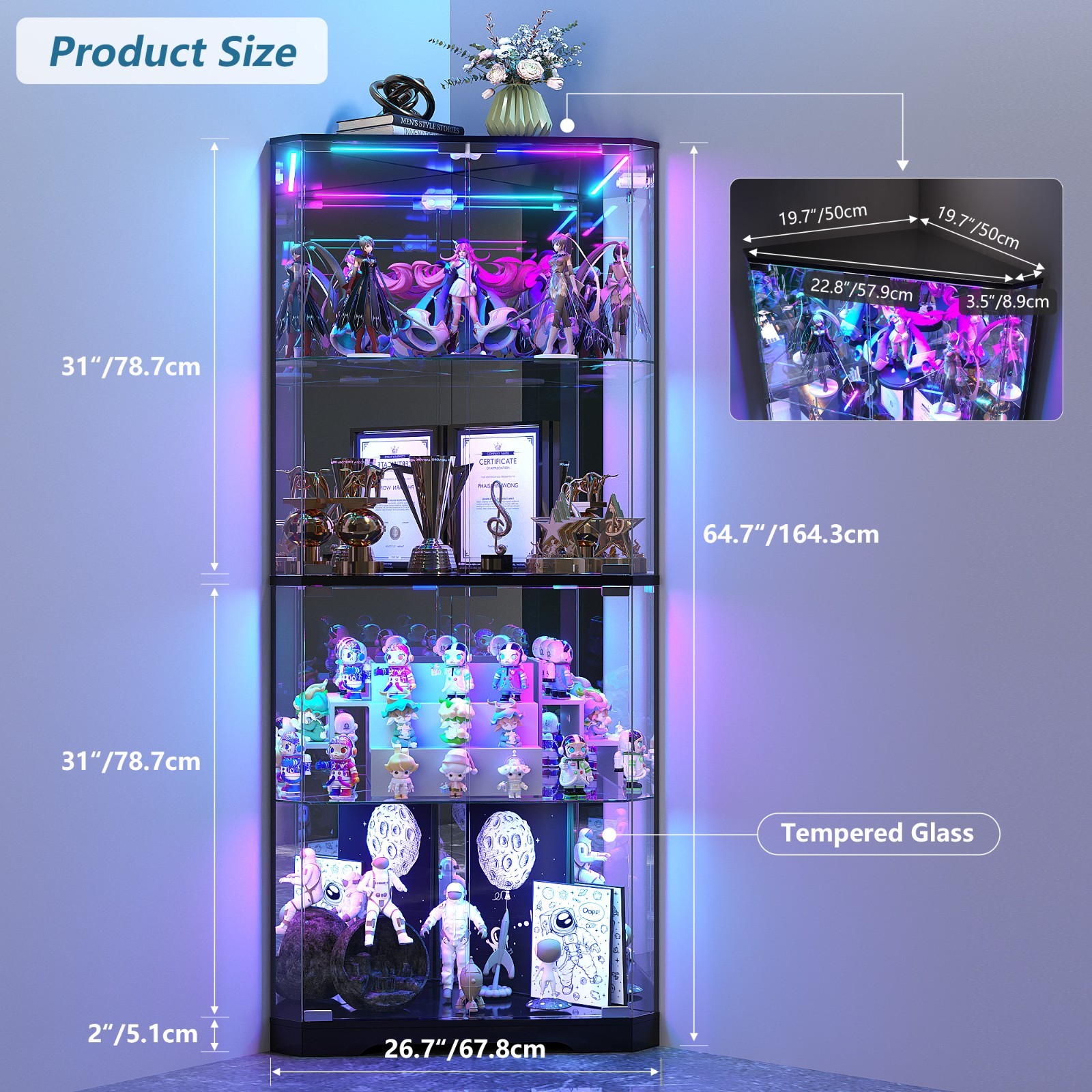 Gurexl Corner Curio Cabinet with RGB Lights , 65" Display Cases for Collectibles