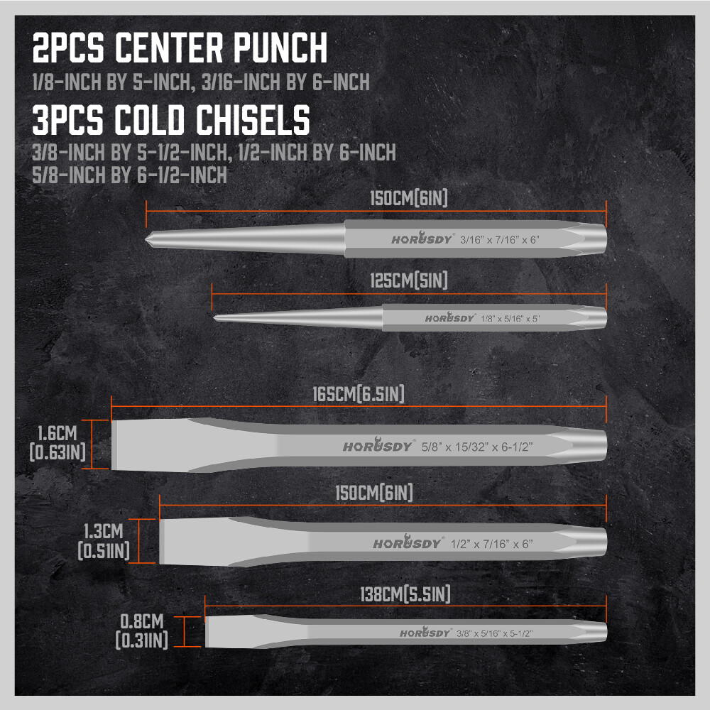 HORUSDY 16PC Punch & Chisel Set Taper Punch Cold Chisels Pin Punch Center Punch
