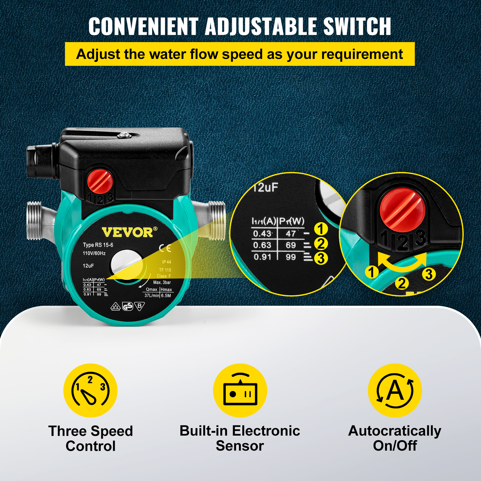 VEVOR Hot Water Circulation Pump 3-Speed Domestic Pump 93W Stainless Steel