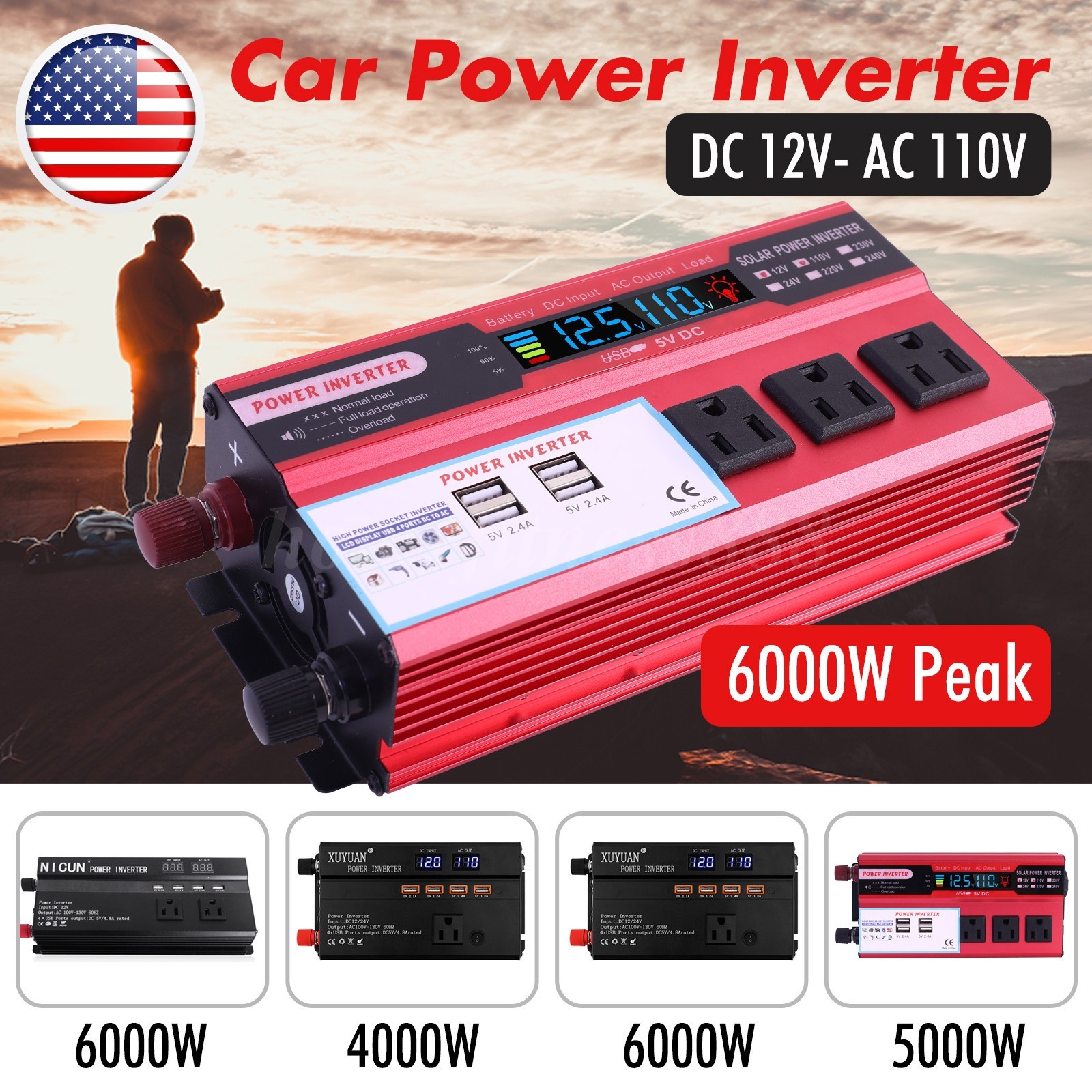 Pure Sine Wave Solar Converter 5000W Car Power Inverter DC 12V To AC 110V 4 USB