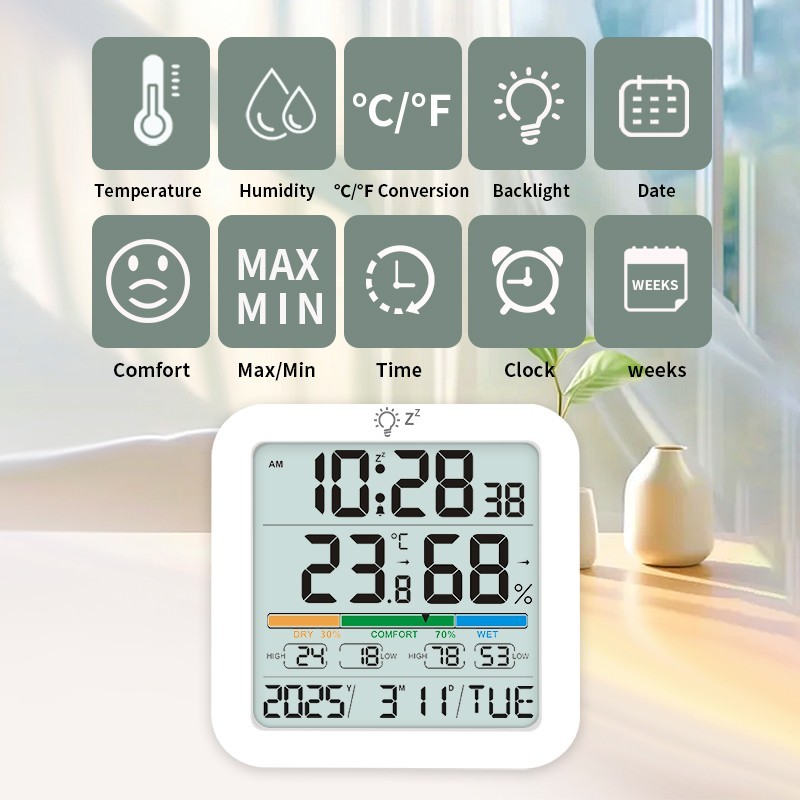 Compact Indoor Wireless Thermometer Alarm Clock with Easy Read Display
