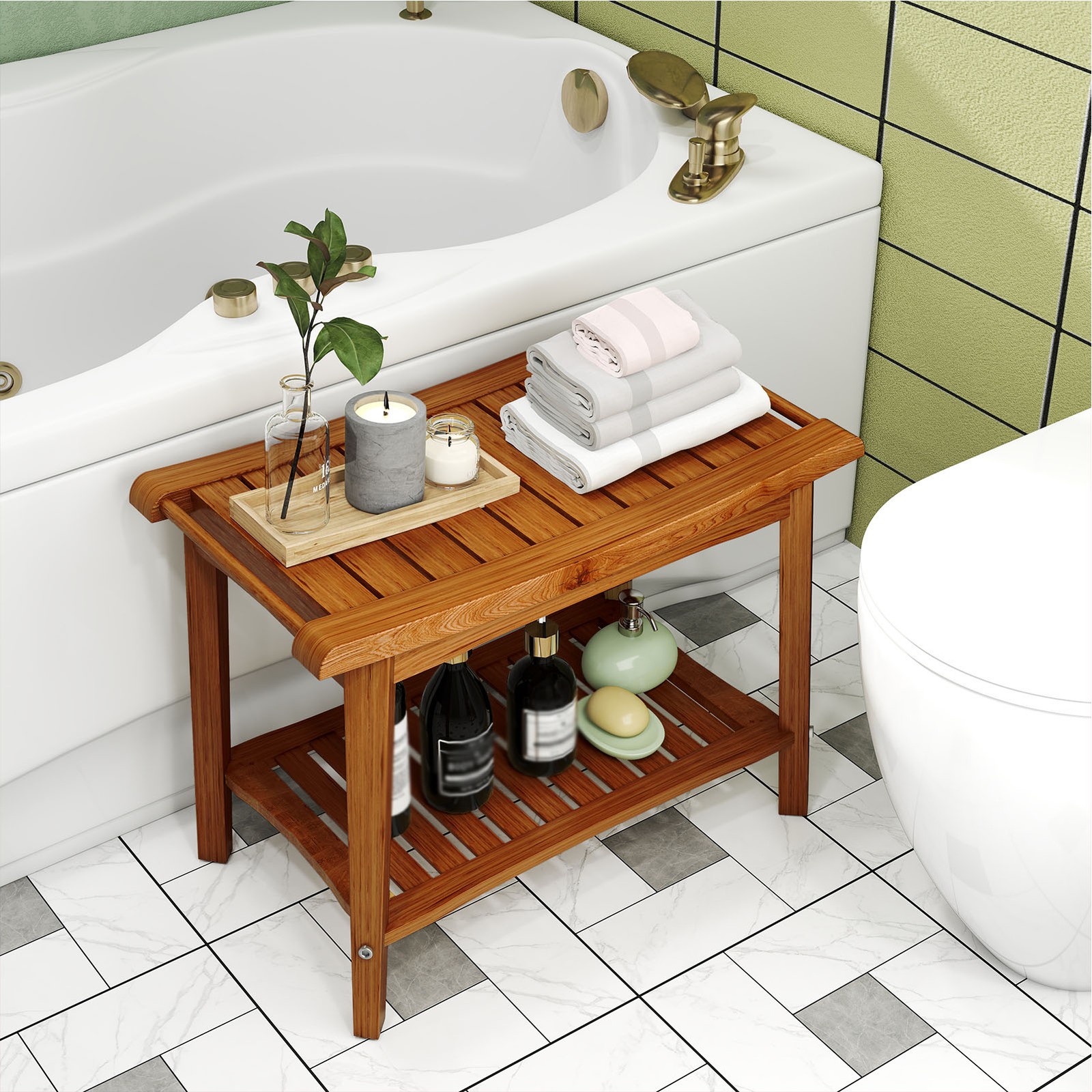 Shower Bench Wood Water Proof Ergonomic Shower Stool With Storage Shelf FKRT