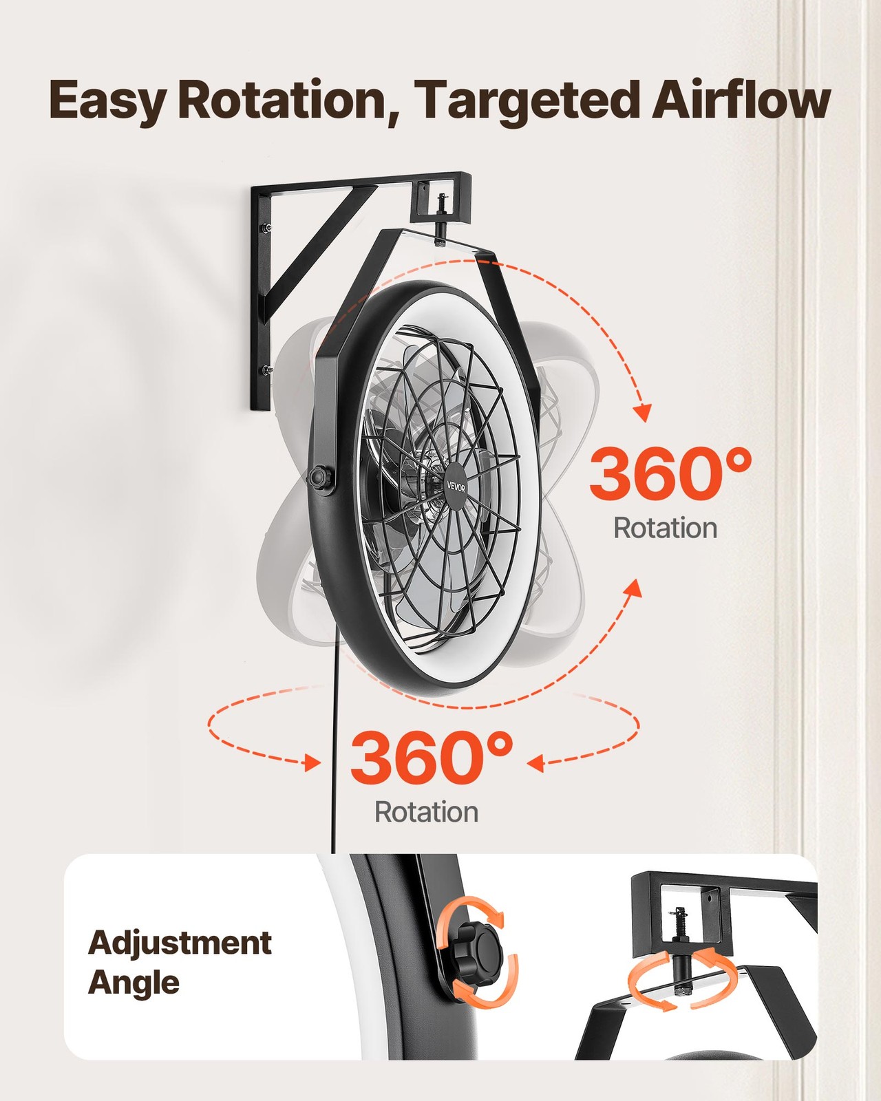 VEVOR 22 Inch Wall Mounted Fan with Light Remote 6 Speed for Patio Workshop