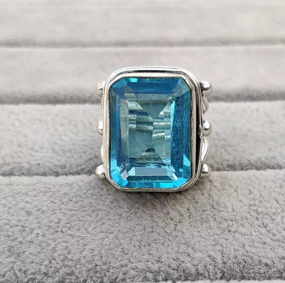925 Sterling Silver Blue Topaz Gemstone Handmade Statement Ring All Size  R90
