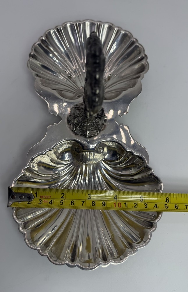 Vtg Crescent Silver Co Plated Double Clam Shell Serving Dish Trinket Tray Footed