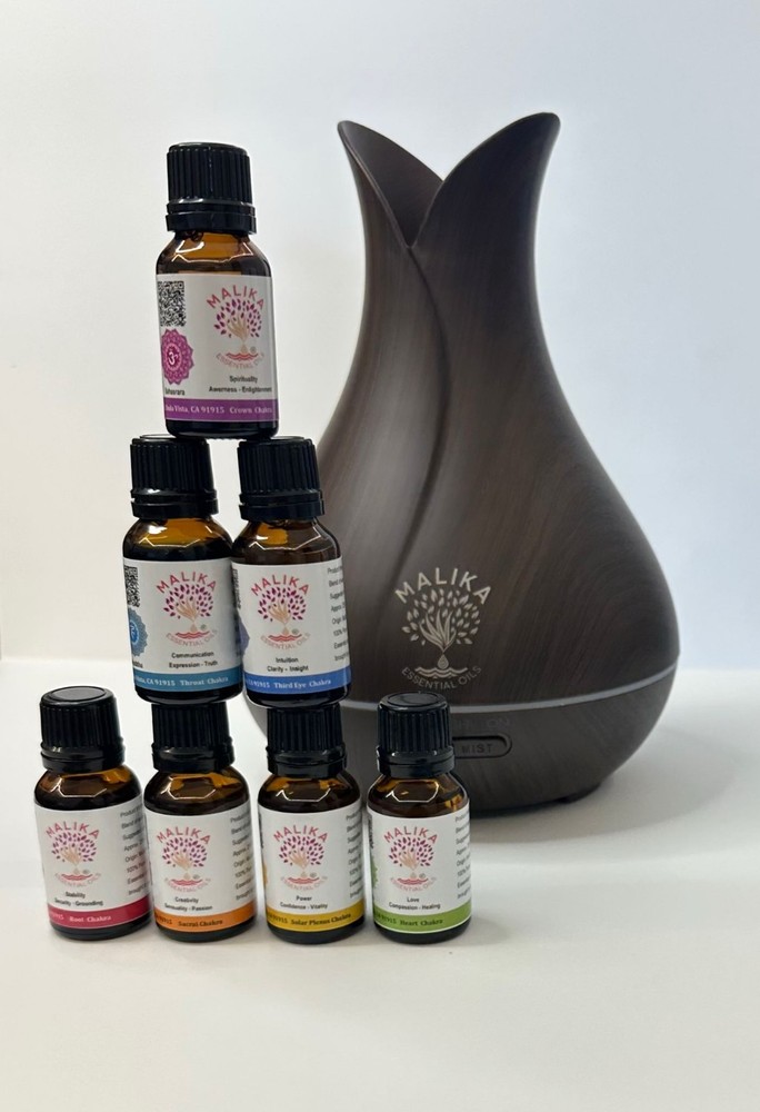 MALIKA Essentials Diffuser & 7 Chakra Essential Oils Set Aromatherapy Gift