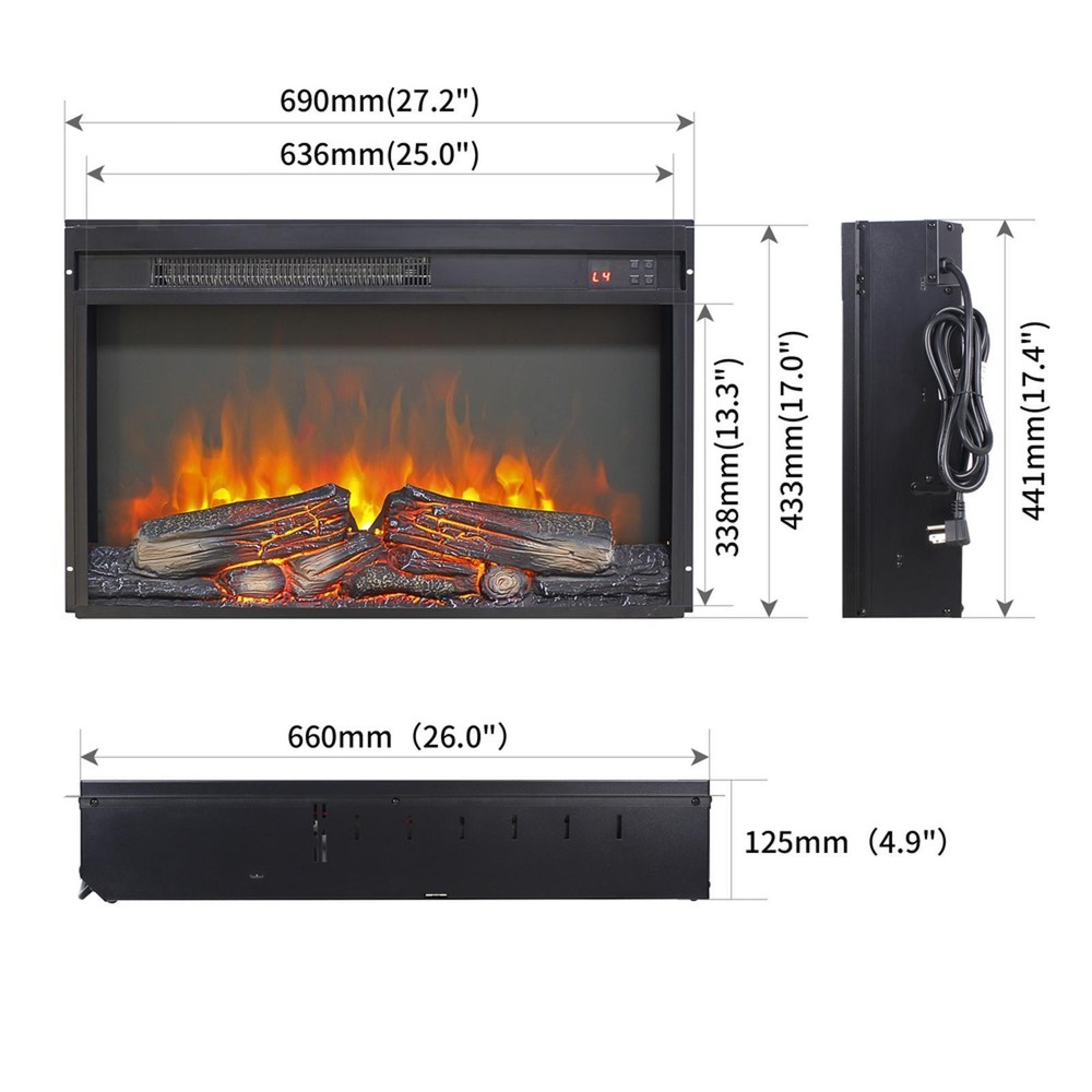 Fireplace Insert with Timer Thin Log Set Antique Black Finish Electric Heater