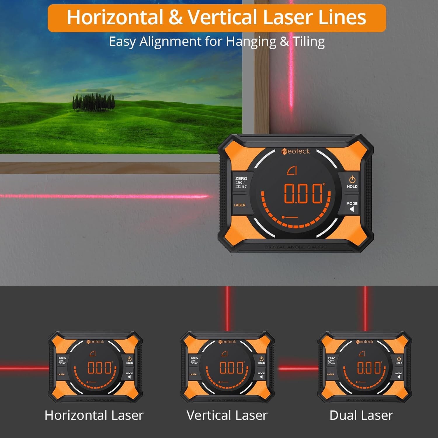 Neoteck 3-in-1 Digital Inclinometer Angle Finder Gauge Magnetic with Laser Level