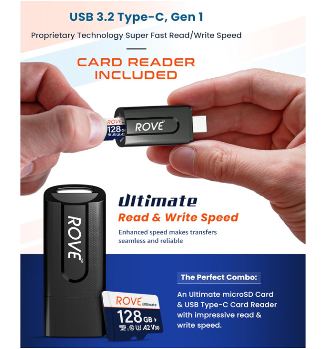 ROVE Ultimate Micro SD Card microSDXC 128GB Memory Card with USB 3.2 Type C
