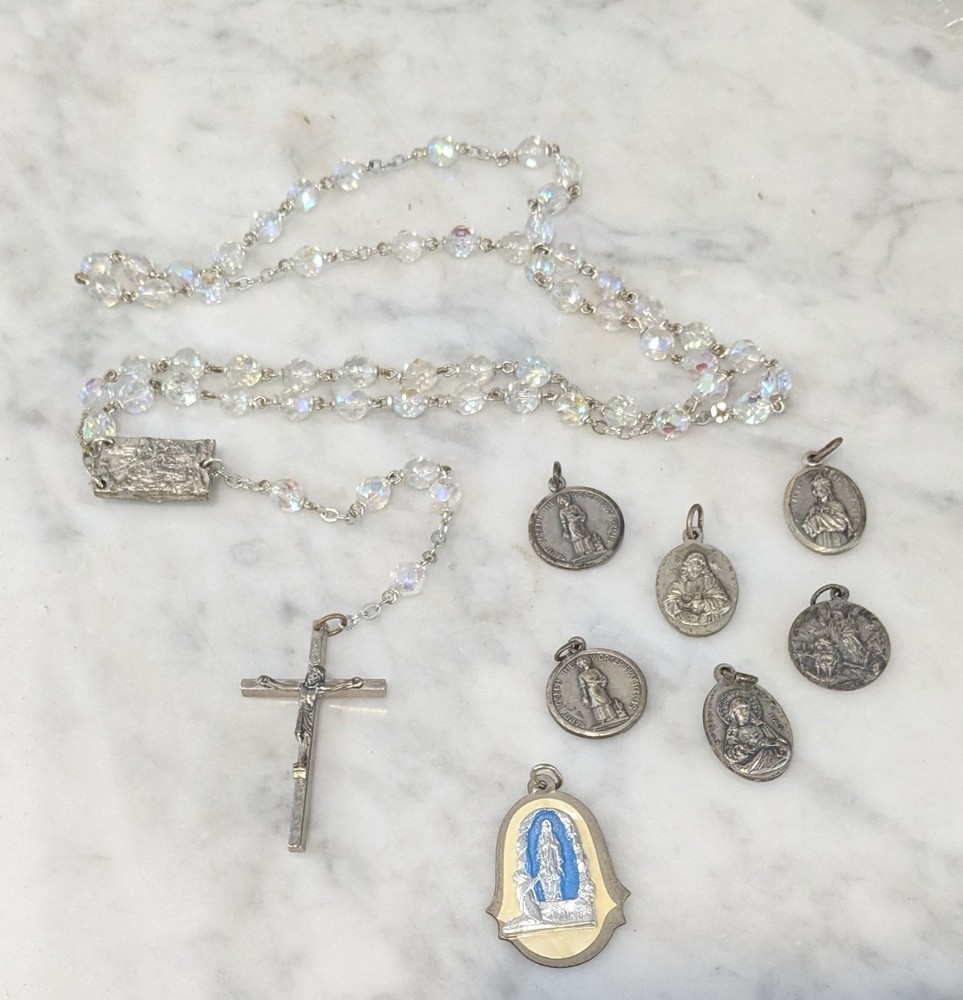 Vintage Aurora Borealis AB Crystal Beads Faceted Rosary Basilicas Italy 22” Long