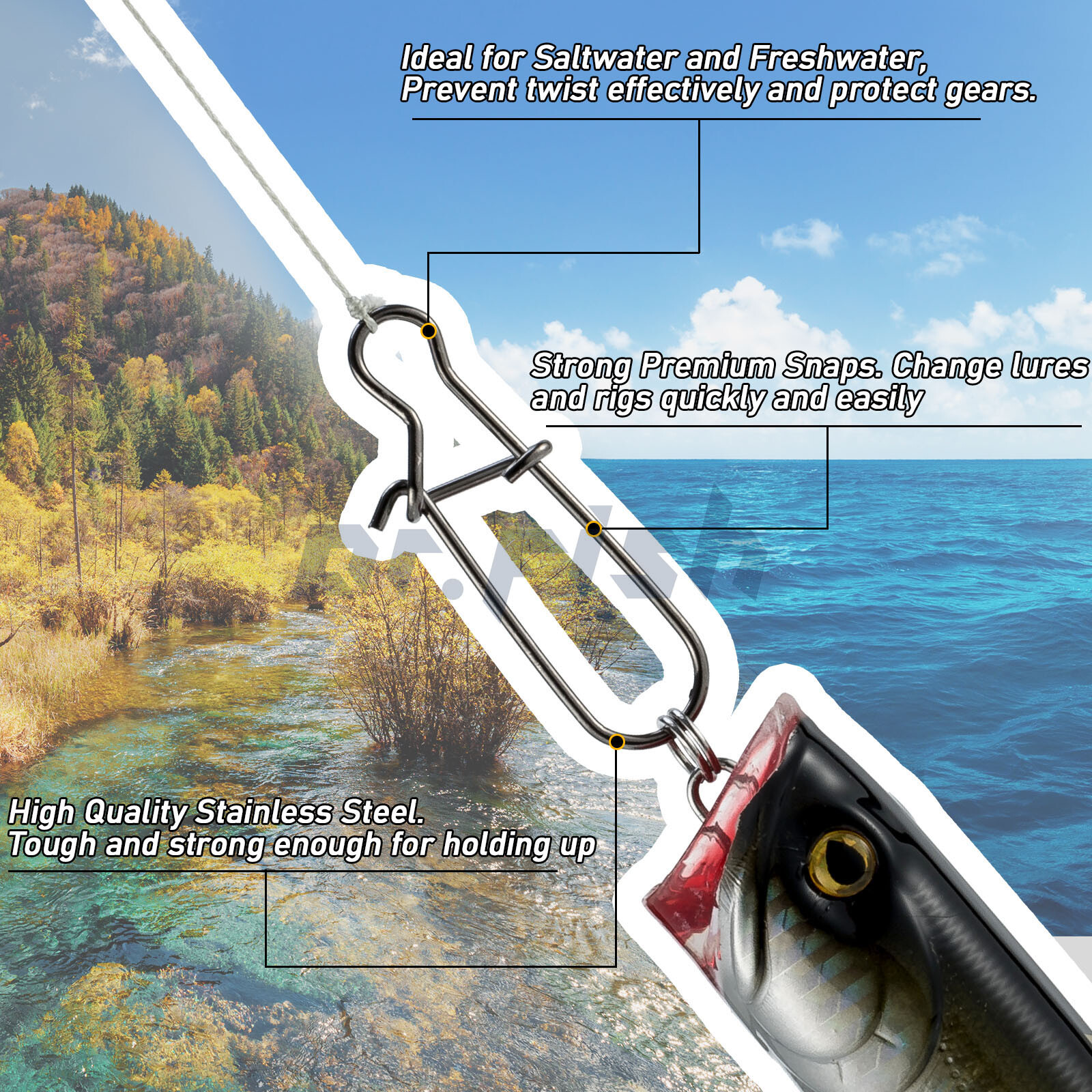 50/500pcs Fishing Duo-lock Snap Clips 25-220 LBs Stainless Steel Lure Tackle