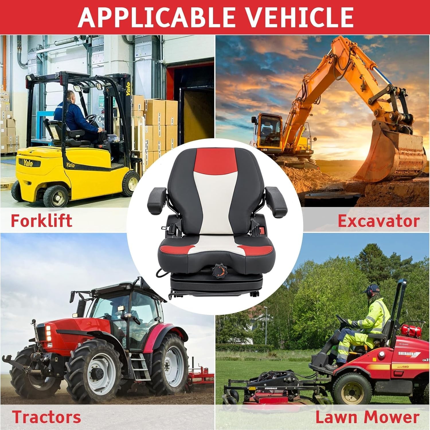 Universal Tractor Seat Highback Low Suspension w/Adjustable Backrest Slide Rails