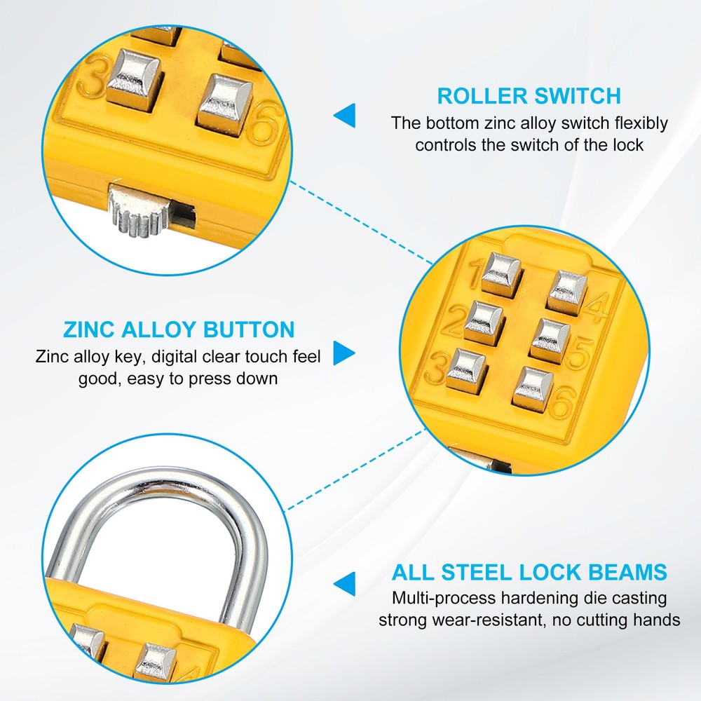 Push Button Combination Padlock 6-Digit 3-Position Lock Yellow