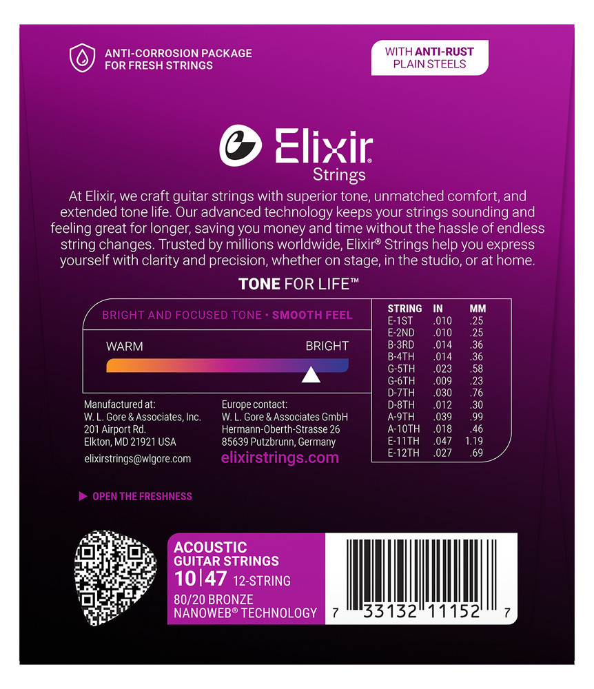 Elixir Nanoweb Acoustic 80/20 Bronze 12-String Set, Light 10-47