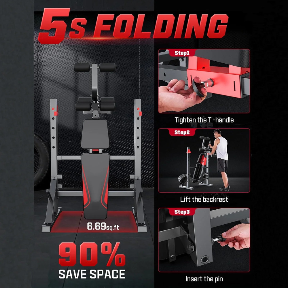 900LBS Weight Bench Set Multi-Purpose Foldable Workout Bench with Squat Rack New
