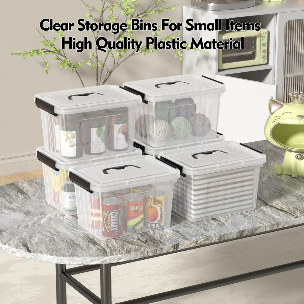 6 Quart Clear Small Storage Boxes with Handles, Plastic Storage Latching Bins...