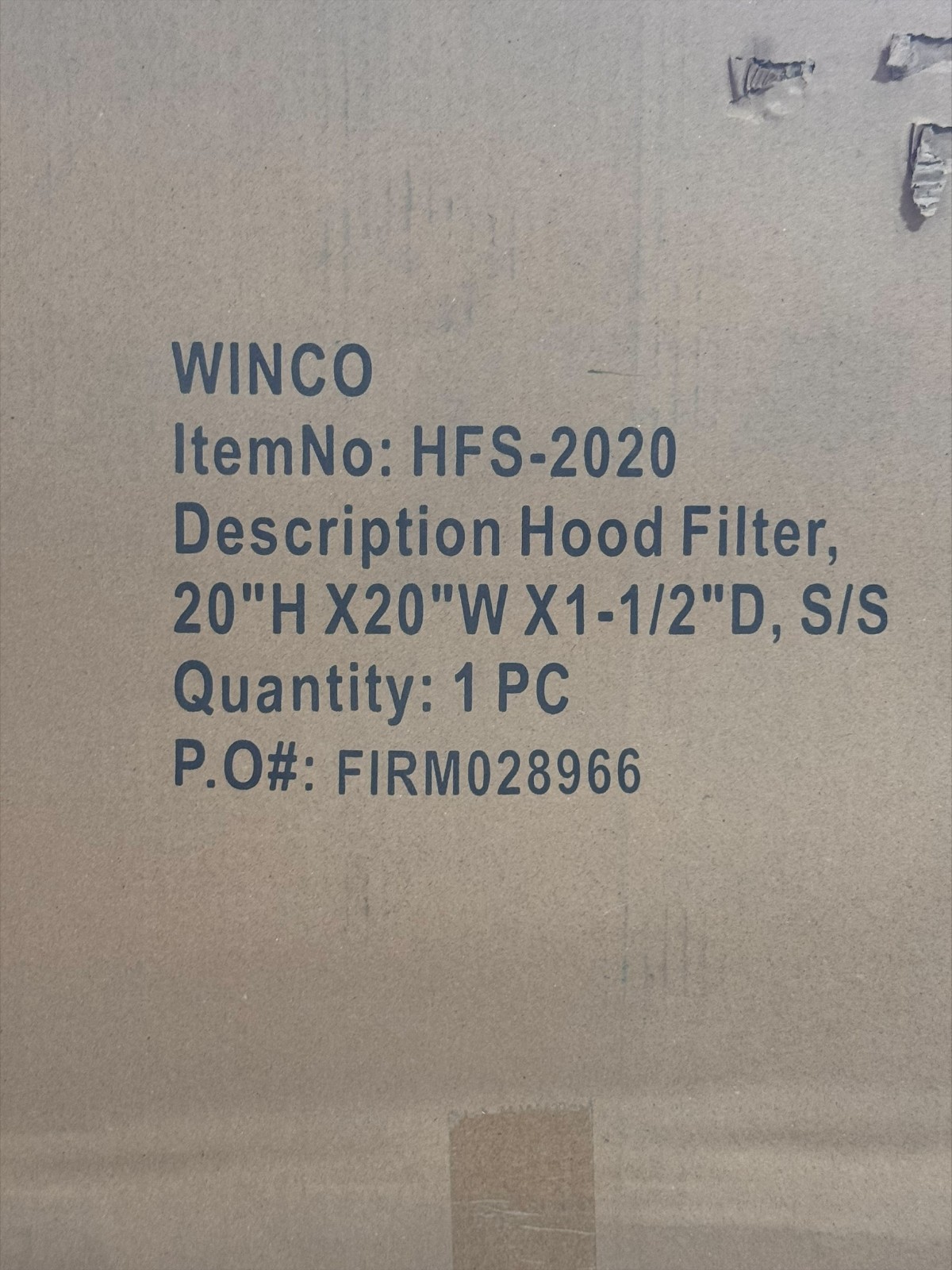Winco HFS-2020 Stainless Hood Filter 20x20x1.5 Commercial Kitchen Vent Baffle