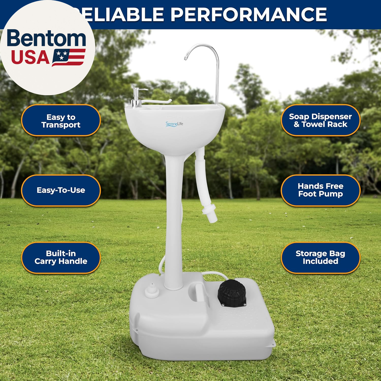 Portable Camping Sink with 19L (5+ Gallon) Water Tank, Hands-Free Foot Pump, Soa