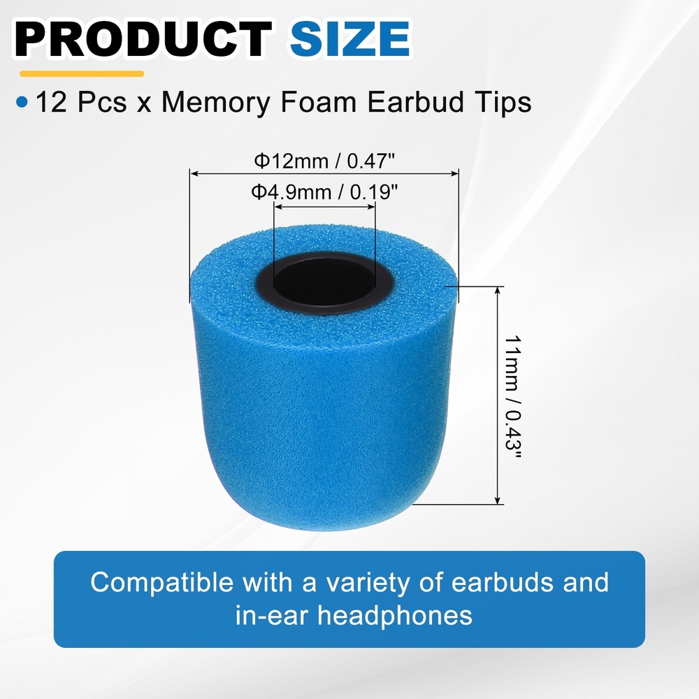 Memory Foam Earbud Tips (4.9mm/0.19"), 12Pcs - Medium Ear Bud Tips, Blue