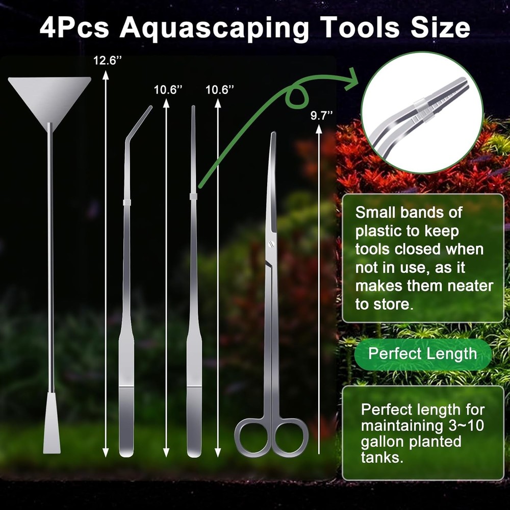 4Pcs Aquascaping Tools Kit Tweezers Scissors Algae Scraper Set
