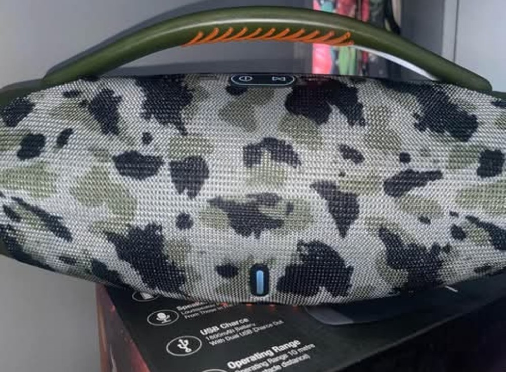 Camouflage Boombox with LED Lights, USB, Aux, MicroSD Input