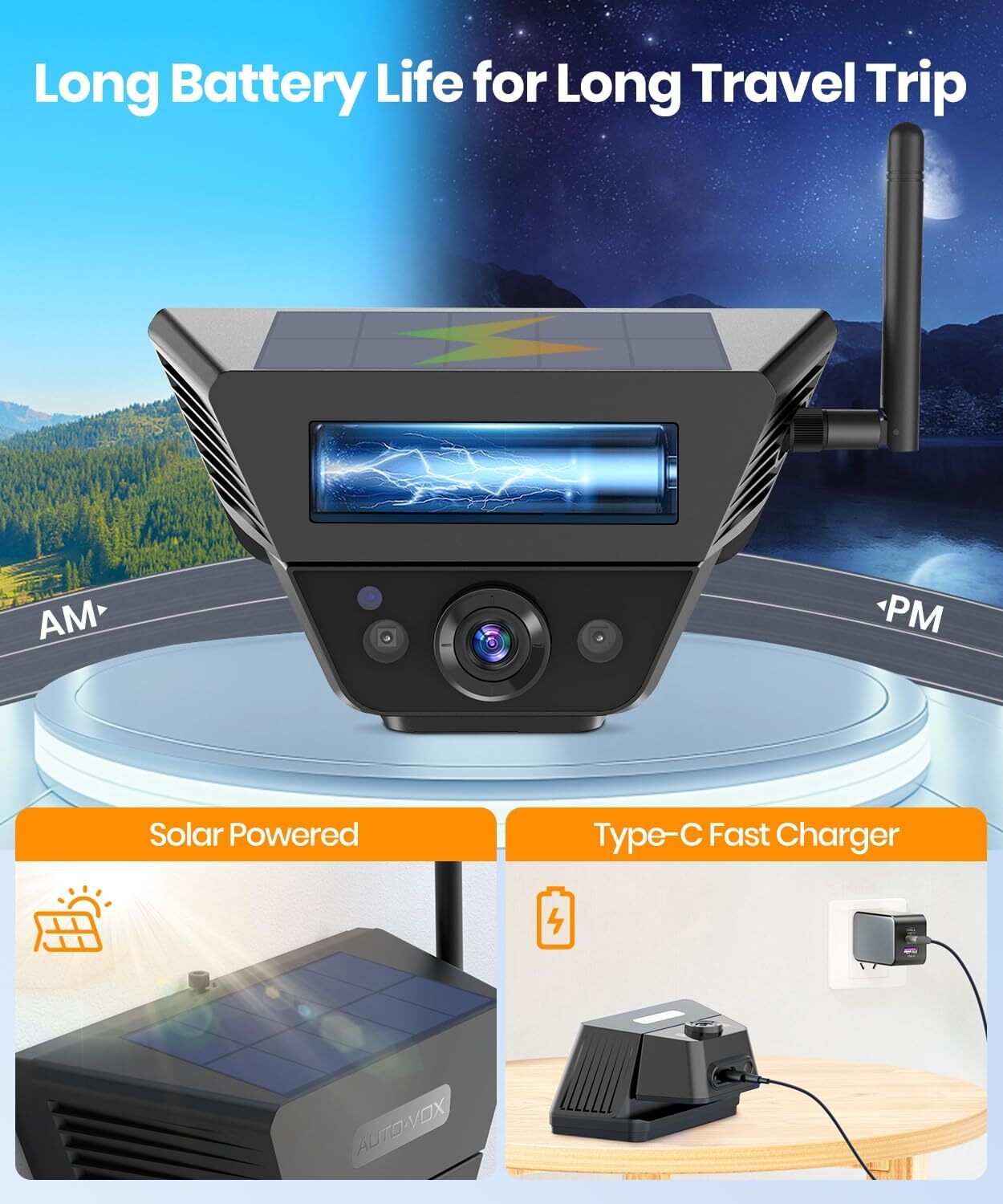 AUTO VOX Magnetic Solar Wireless Backup Camera : 7.2" DVR 1080P 2 Split Monitor