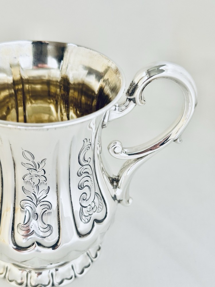 Antique Victorian Solid Sterling Silver Mug Scroll Handle Sheffield 1850