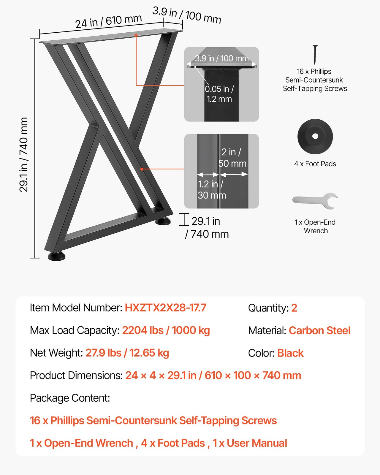 VEVOR Steel Table Legs 29.1 x 24 in 2204 lbs Heavy Duty for Desk Set of 2 Black