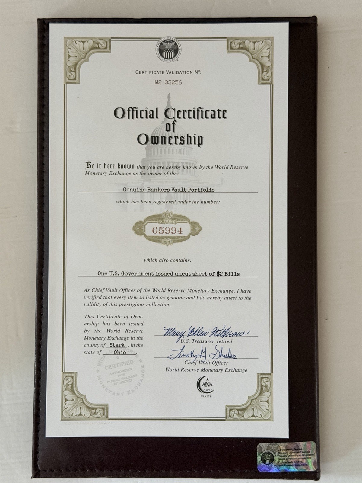 World Reserve Monetary Exchange Uncut Sheet $2 Dollar Bills 2003 Book/Folder COA