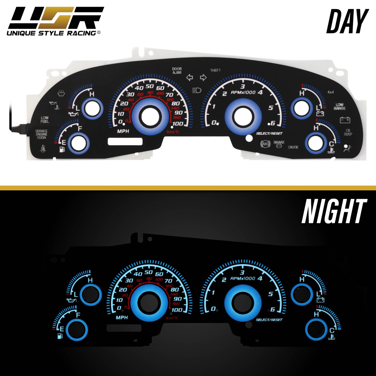 BLUE Glow Gauge Black Overlay For 99-04 Ford F150/Expedition Instrument Cluster