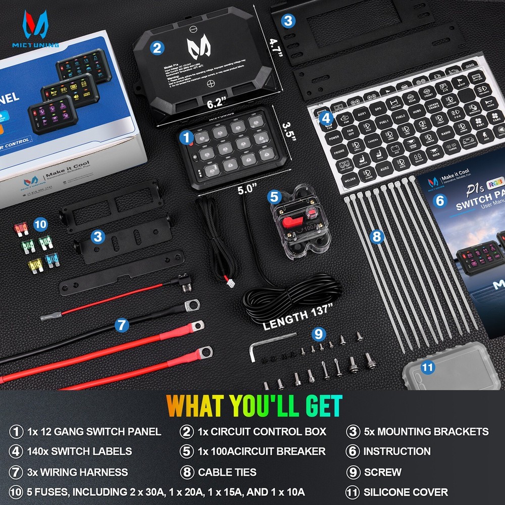 MICTUNING P1S RGB 12 Gang Switch Panel - Multifunction Auxiliary Circuit Control