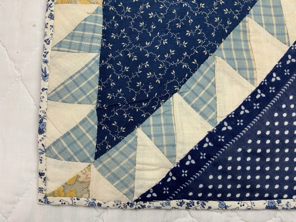 Antique Patchwork Quilt Table Topper, Triangles, Blue, Navy, Early Calicos