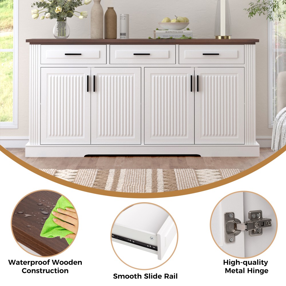 White 63" Buffet Cabinet, Fluted Sideboard w/ 4 Doors 3 Drawers