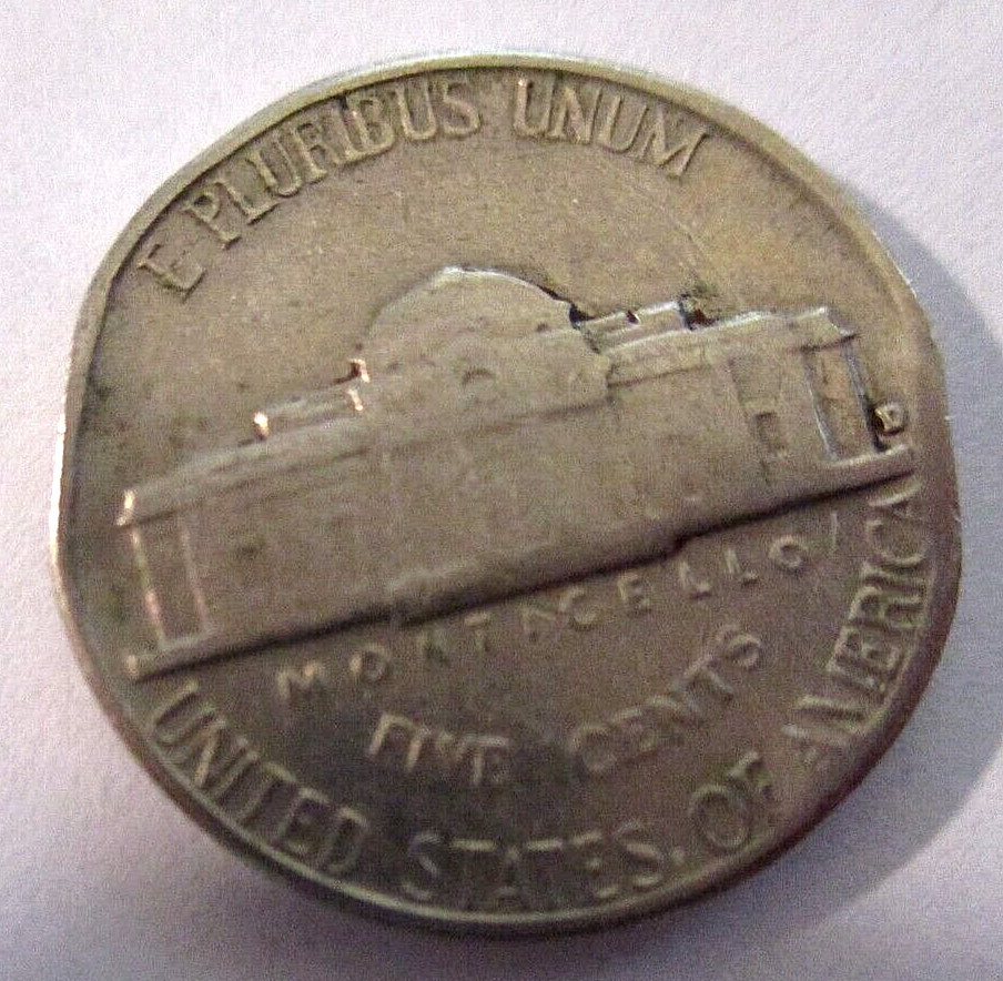 1963 D nickel with die/mint damage, missing letering, m272
