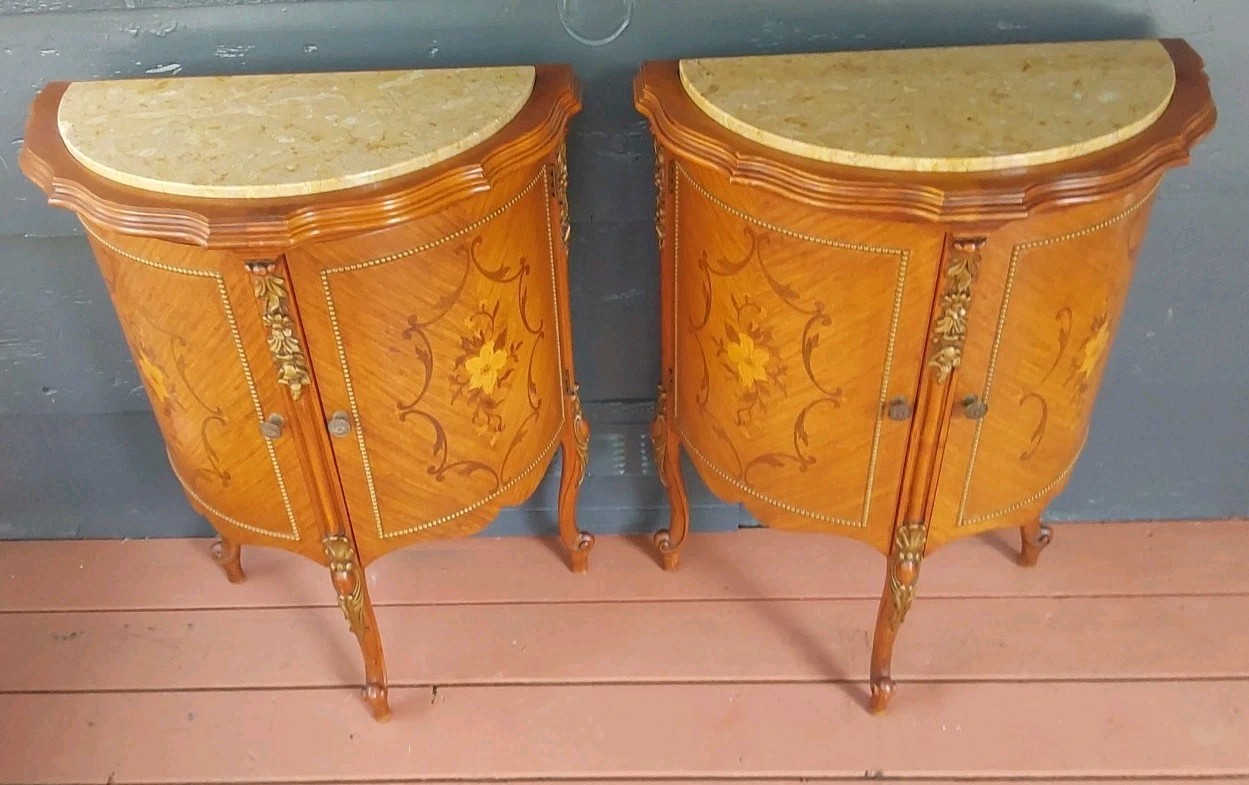 Vintage French Demilune Inlayed Wood End Tables w/Marble Tops 30 Tall X 23" Wide
