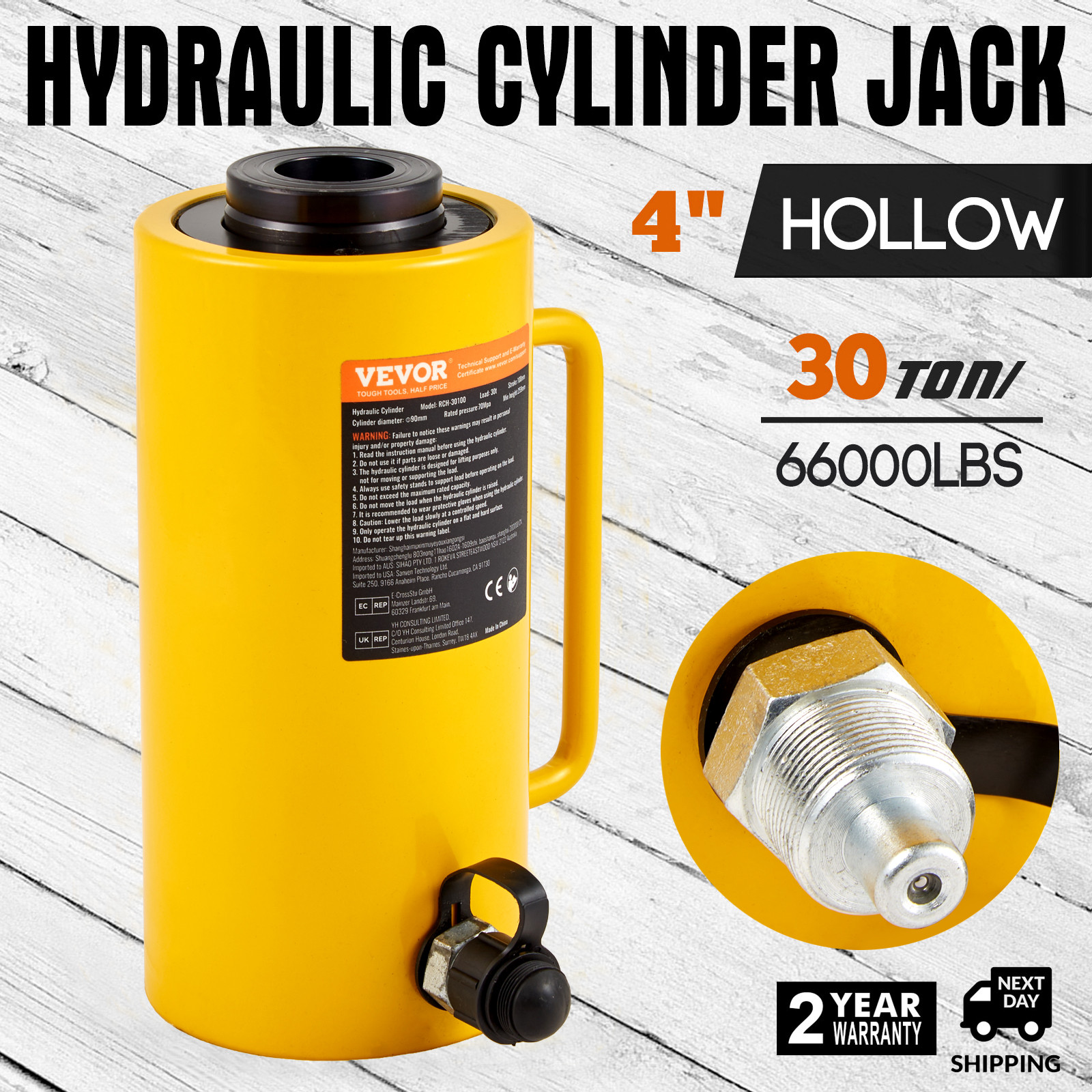 Hollow Ram Hydraulic Cylinder Jack 30 Ton / 66000 lbs Single Acting 4" Stoke