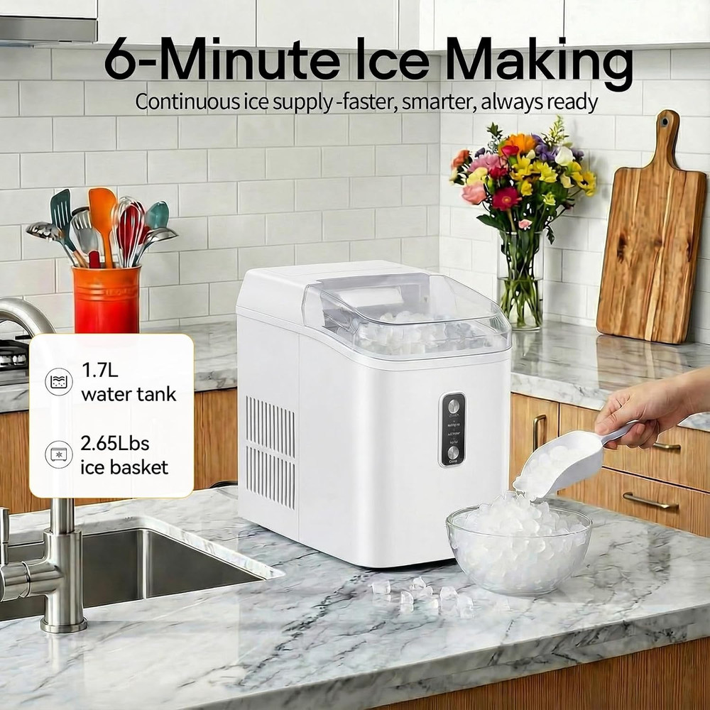 Nugget Ice Maker Countertop, Portable Ice Makers Machine with Removable Basket a